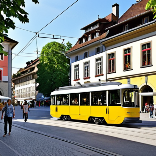 **

"A vibrant, pedestrian-friendly public square in Fribourg, Switzerland, showcasing a blend of modern architecture and historical buildings. Electric trams glide smoothly past outdoor cafes filled with people. Lush greenery and trees line the square, creating a sustainable and inviting urban environment. Capture the essence of balanced urban development, blending the old with the new."

**