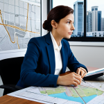 A professional female urban planner in a modest business suit, sitting at a large desk laden with detailed city maps, architectural blueprints, and a computer monitor displaying urban development plans. She is looking intently at a map, perhaps with a pen in hand, a thoughtful expression on her face. The modern office background includes a whiteboard with sketched ideas and large windows overlooking a city skyline, suggesting the blend of ideal models and daily reality. Professional dress, fully clothed, appropriate attire, safe for work, perfect anatomy, correct proportions, well-formed hands, proper finger count, natural body proportions, professional photography, high quality.