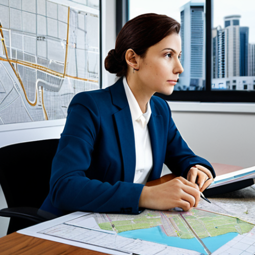 A professional female urban planner in a modest business suit, sitting at a large desk laden with detailed city maps, architectural blueprints, and a computer monitor displaying urban development plans. She is looking intently at a map, perhaps with a pen in hand, a thoughtful expression on her face. The modern office background includes a whiteboard with sketched ideas and large windows overlooking a city skyline, suggesting the blend of ideal models and daily reality. Professional dress, fully clothed, appropriate attire, safe for work, perfect anatomy, correct proportions, well-formed hands, proper finger count, natural body proportions, professional photography, high quality.
