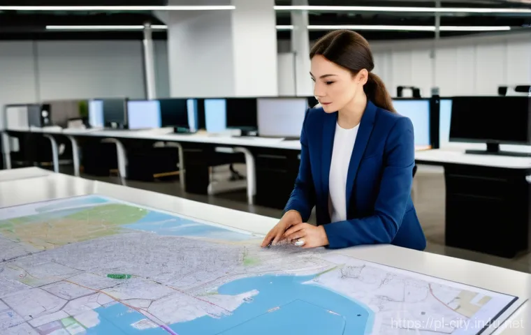 도시계획 분야 취업 시장 분석 - **A modern female urban planner, professionally dressed, in her late 30s, working in a bright, conte...