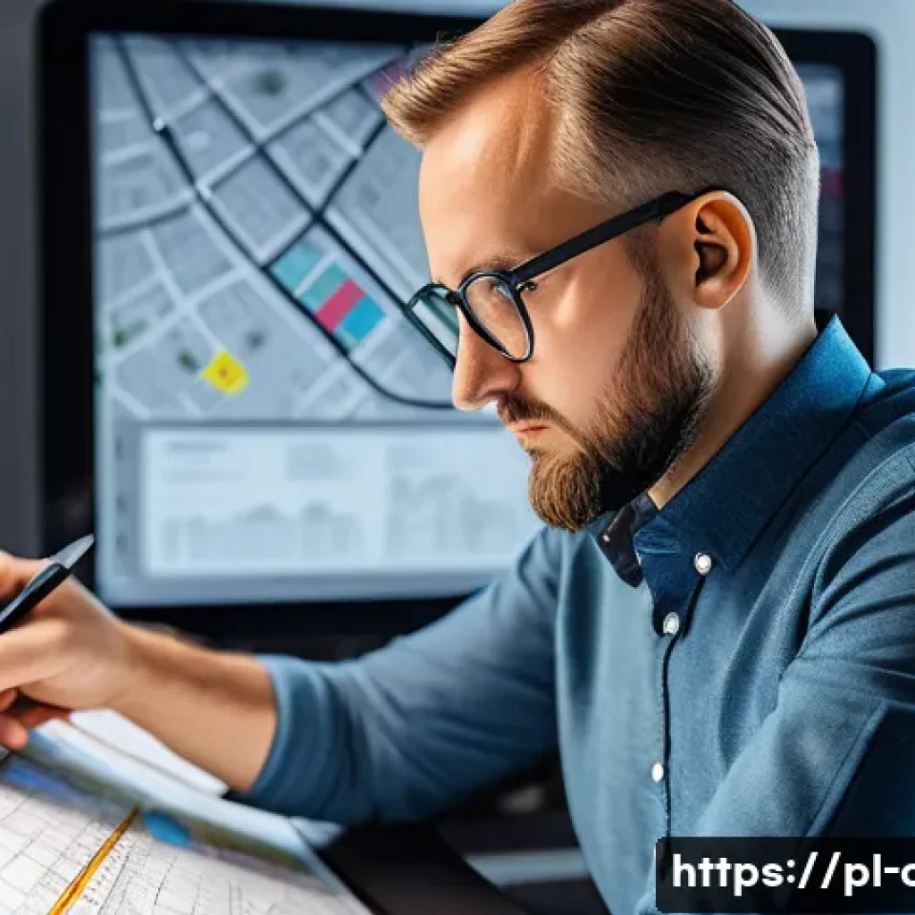 도시계획 전문가 커리어 개발 계획 - A detailed urban planner&rsquo;s modern workspace featuring multiple large monitors displaying GIS maps, A...