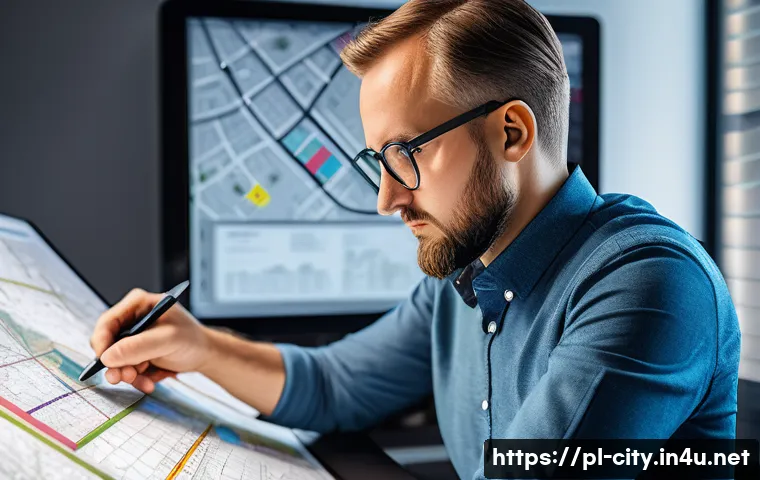 도시계획 전문가 커리어 개발 계획 - A detailed urban planner&rsquo;s modern workspace featuring multiple large monitors displaying GIS maps, A...