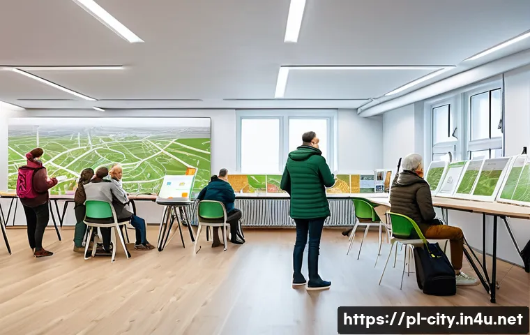 도시계획 설계 업무 일지 - A vibrant urban planning workshop scene set in a modern community center in Warsaw, Poland, featurin...