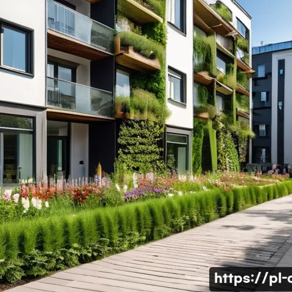도시계획 설계에서의 트렌드 분석 - A vibrant urban scene in Kraków showcasing a modern neighborhood with integrated green spaces: lush ...