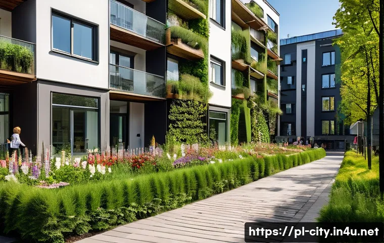 도시계획 설계에서의 트렌드 분석 - A vibrant urban scene in Kraków showcasing a modern neighborhood with integrated green spaces: lush ...