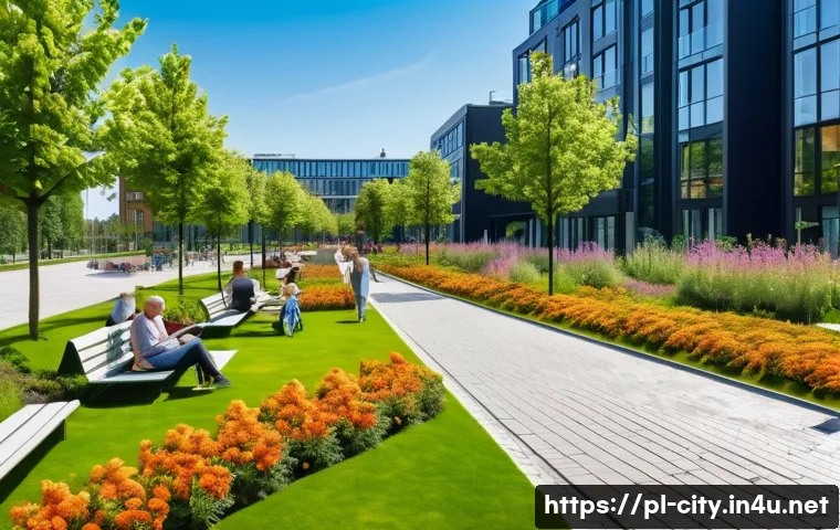 도시계획 분야 전문가 커뮤니티 - A vibrant urban park scene in a modern Polish city during a sunny summer day, featuring diverse gree...