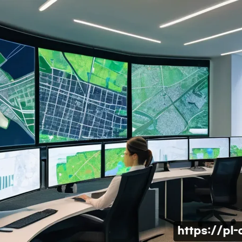 도시계획 실무에 필요한 기술 - A futuristic urban planning control room filled with large high-resolution satellite maps displayed ...