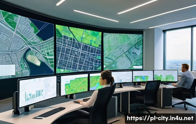 도시계획 실무에 필요한 기술 - A futuristic urban planning control room filled with large high-resolution satellite maps displayed ...