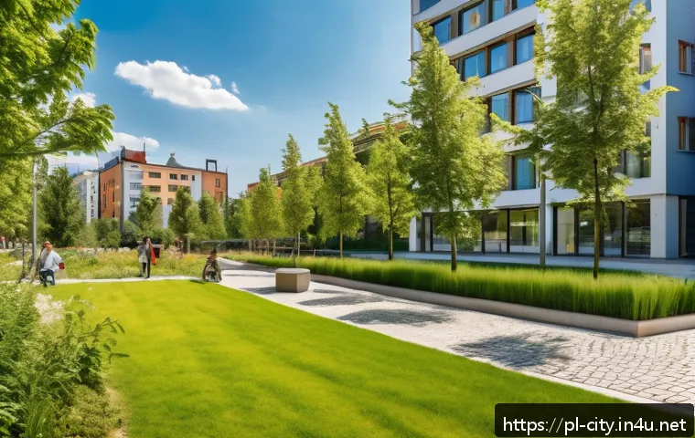 도시계획 전문가의 업무 일기 - A vibrant urban green space in a Polish city during a sunny summer day, featuring a well-maintained ...