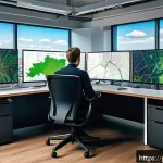 Home 20 도시계획 분야 경력 개발 - A modern urban planner working at a sleek, sunlit office desk surrounded by multiple digital screens...