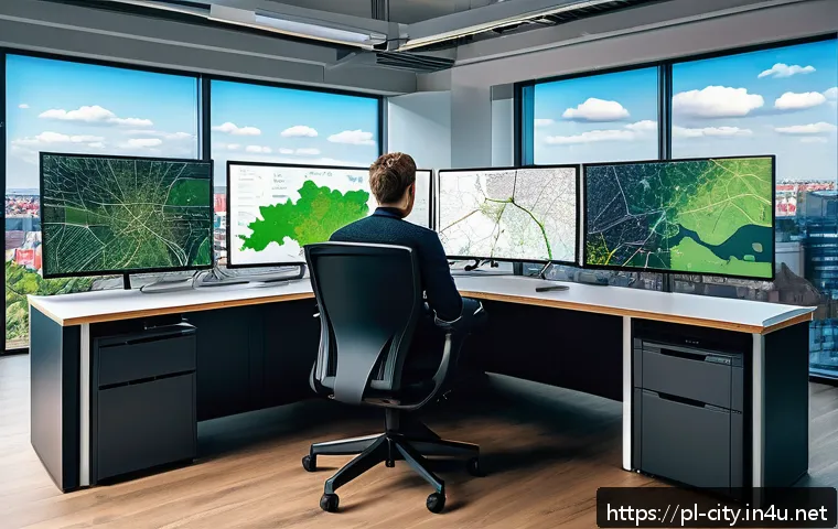 도시계획 분야 경력 개발 - A modern urban planner working at a sleek, sunlit office desk surrounded by multiple digital screens...