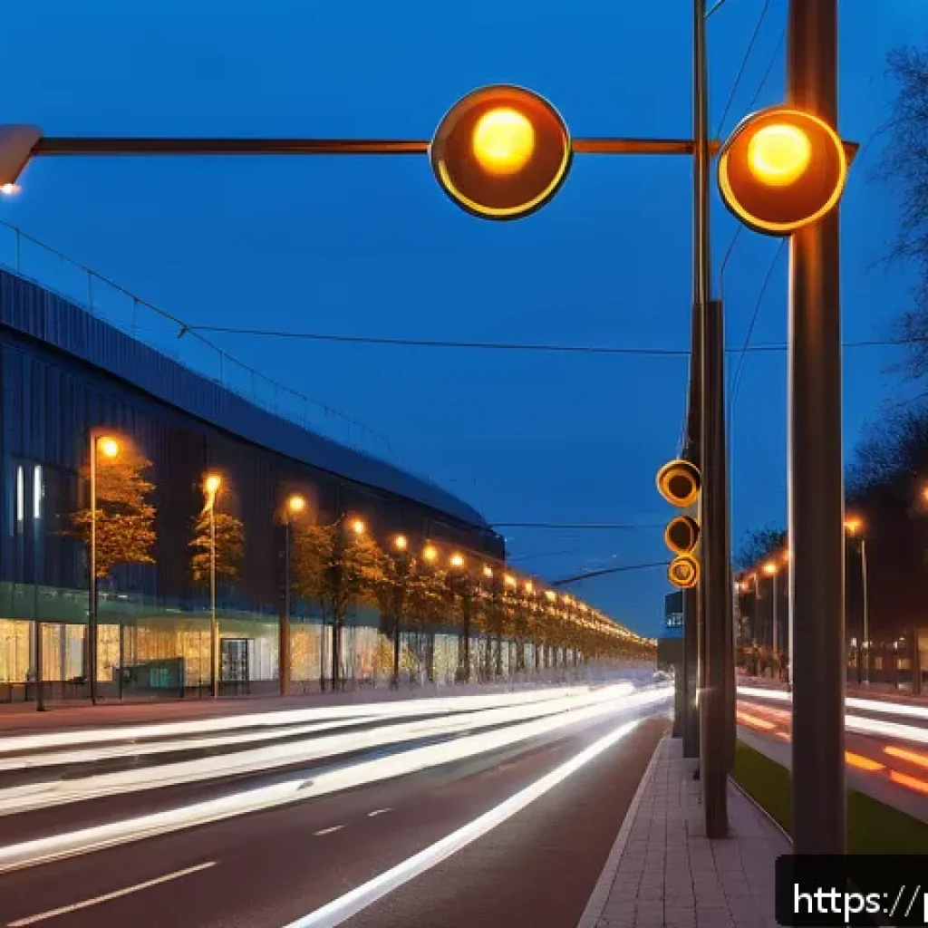 도시계획 업무에서의 신기술 적용 - A modern Polish city street scene at dusk featuring intelligent traffic management: smart traffic li...