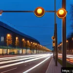 Home 19 도시계획 업무에서의 신기술 적용 - A modern Polish city street scene at dusk featuring intelligent traffic management: smart traffic li...