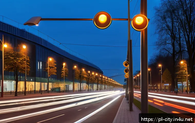 도시계획 업무에서의 신기술 적용 - A modern Polish city street scene at dusk featuring intelligent traffic management: smart traffic li...