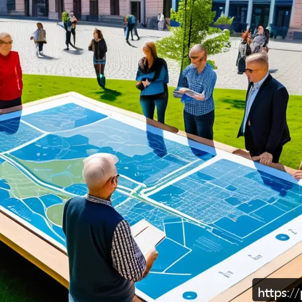 도시계획 관련 업무 일기 - A vibrant urban community meeting in a modern Polish city square during daytime, diverse group of re...