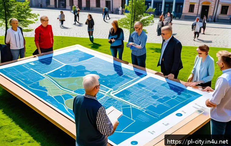 도시계획 관련 업무 일기 - A vibrant urban community meeting in a modern Polish city square during daytime, diverse group of re...