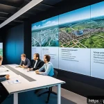 Home 23 도시계획 프로젝트 진행 방식 - A detailed urban planning scene showing a diverse team of professionals including architects, engine...