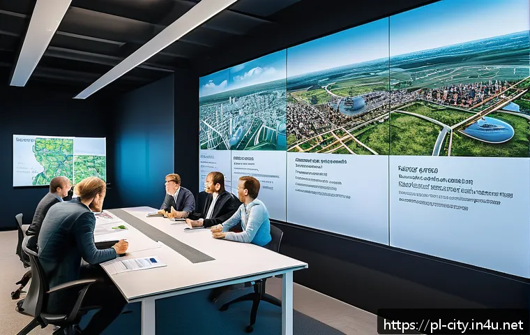 도시계획 프로젝트 진행 방식 - A detailed urban planning scene showing a diverse team of professionals including architects, engine...