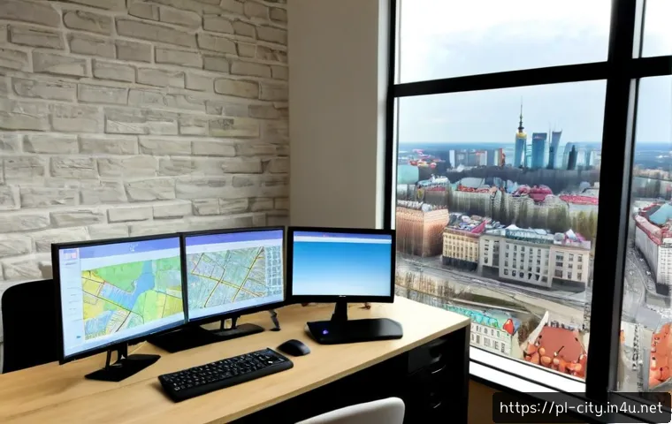 도시계획 실무에서 필요한 소프트웨어 - Photorealistic urban planning office in Poland, a focused planner at a clean desk using dual widescr...