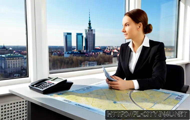 도시계획 이직 시 고려 사항 - Photorealistic urban planner in a modern Warsaw office comparing two career options, seated at a cle...